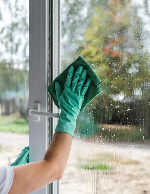 A hand in gloves wiping a widow with a towel